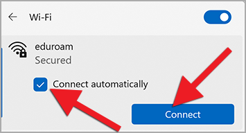 Click on eduroam and then Connect