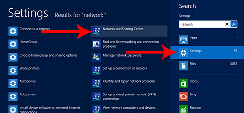 Settings - Network and Sharing Center