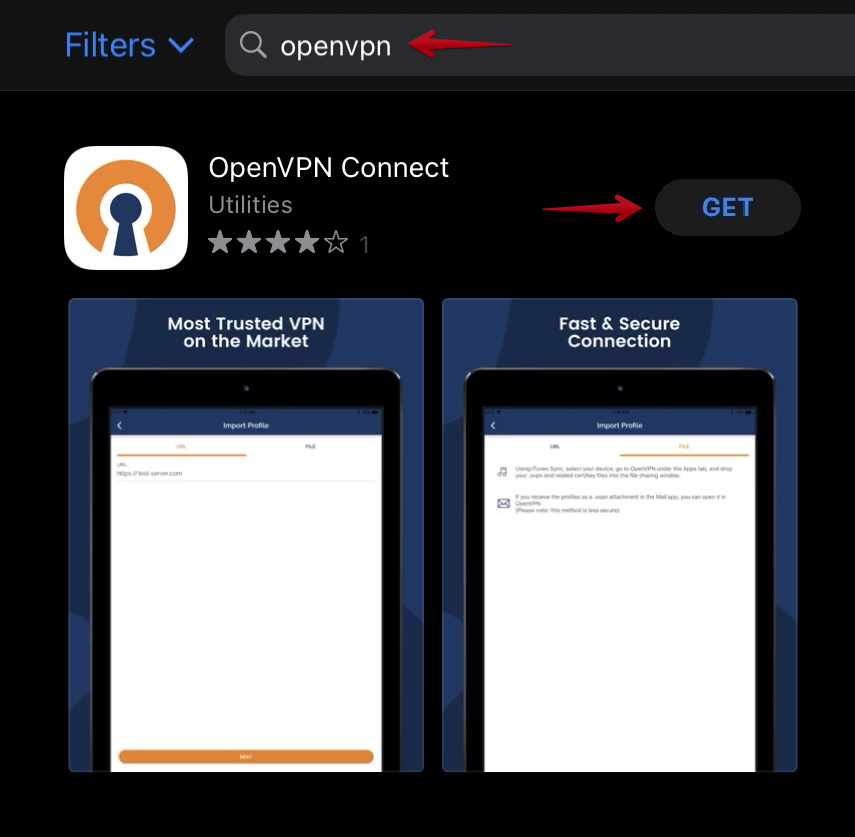 App Store search results showing OpenVPN Connect and a button labelled "GET."
