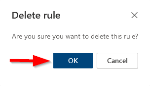 The image shows a small pop-up window that appears when you have clicked the trashcan icon. The window prompts the user to confirm whether he wants to delete the mail rule , options are "OK" and "Cancel."