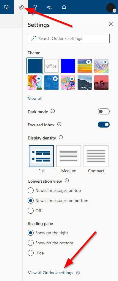 The image shows where to find the settings console on outlook.hi.is. Click the gear icon in the top right-hand corner of the page, a settings menu will appear to the right, click "See all settings in Outlook" near the bottom of that menu.