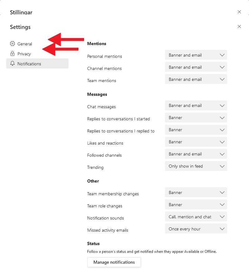 List of settings for notifications