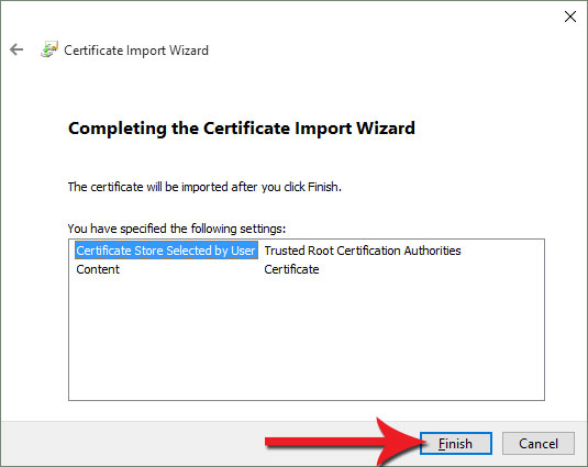 Compleating the Certificate Import Wizard