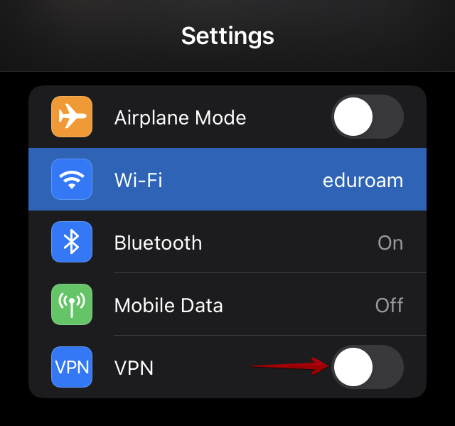 The iPad settings showing a switch to turn VPN on.