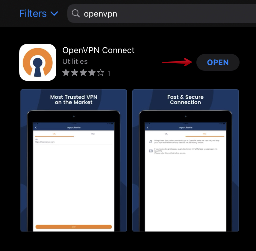 App Store með hnappinum "Open" við OpenVPN forritið.