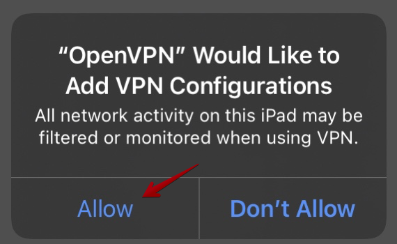 Sprettigluggi þar sem OpenVPN óskar eftir leyfi til þess að setja upp VPN tengingar.