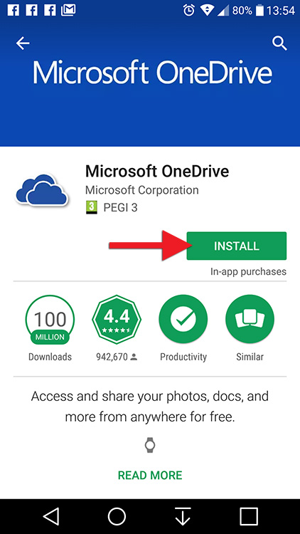 Finndu OneDrive í Google Play og veldu "Install"